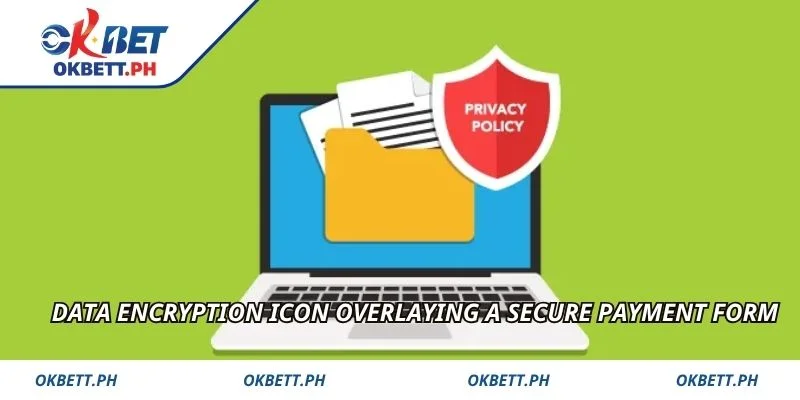 Data encryption icon overlaying a secure payment form